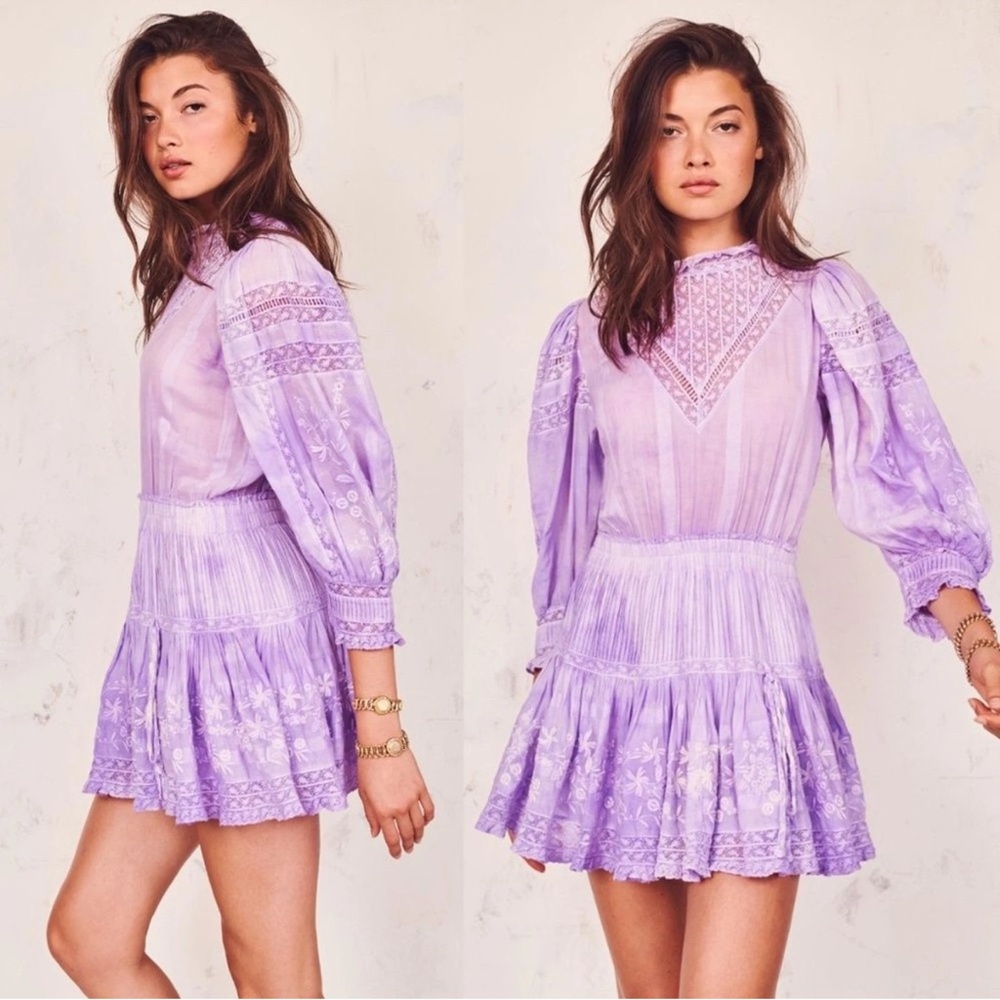LOVESHACKFANCY Purple Tie-Dye Viola Mini Dress Ruffles Embroidery Cottagecore - Picture 2 of 14